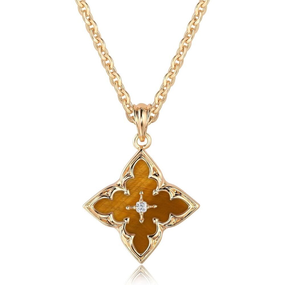 Gold Clover Necklace Women Dainty 14K Gold Brownish Pendant Adjustable Chain